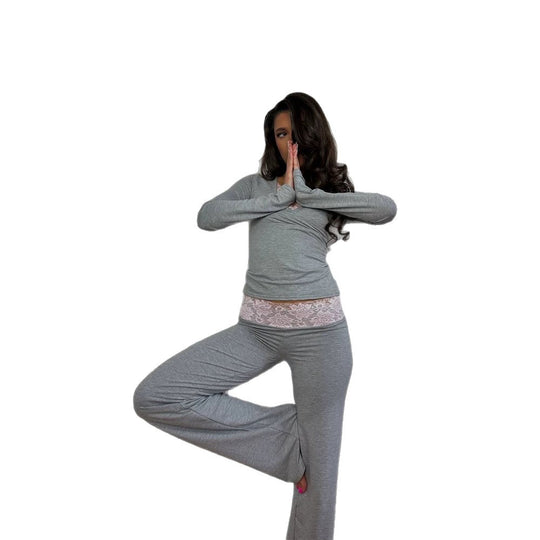 Damen Figurbetontes Lounge-Set mit Spitzendetail, High‑Waist Leggings & Crop-Top Nord Taschen