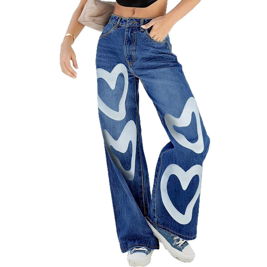 Damen High-Waist Wide-Leg-Jeanshose mit großflächigem Herz-Print Nord Taschen
