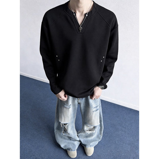 Herren Oversize-Sweatshirt mit V‑Schlitz, Raglanärmeln und Nieten-Details Nord Taschen