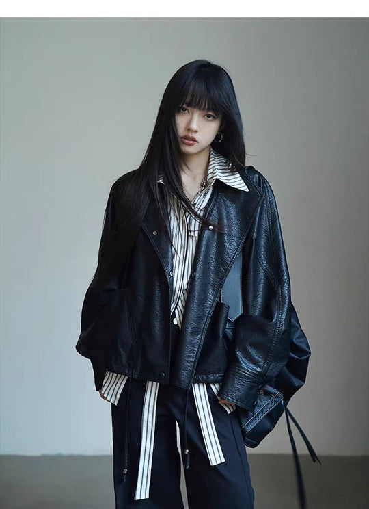 Damen Oversized Bikerjacke aus Kunstleder mit breitem Revers und voluminösen Ärmeln Nord Taschen