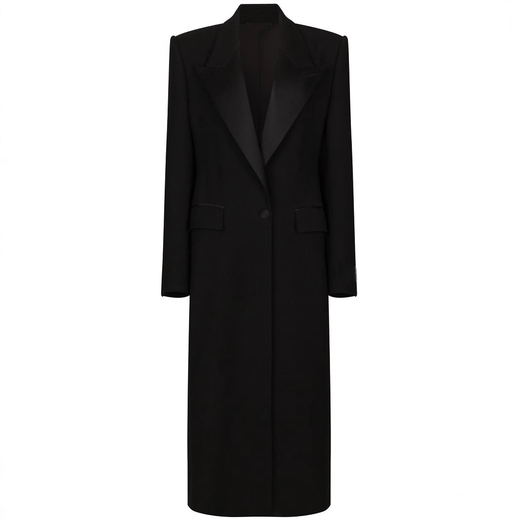 Damen Eleganter Smoking-Hosenanzug mit langem Mantel und weiten Bundfaltenhosen Nord Taschen