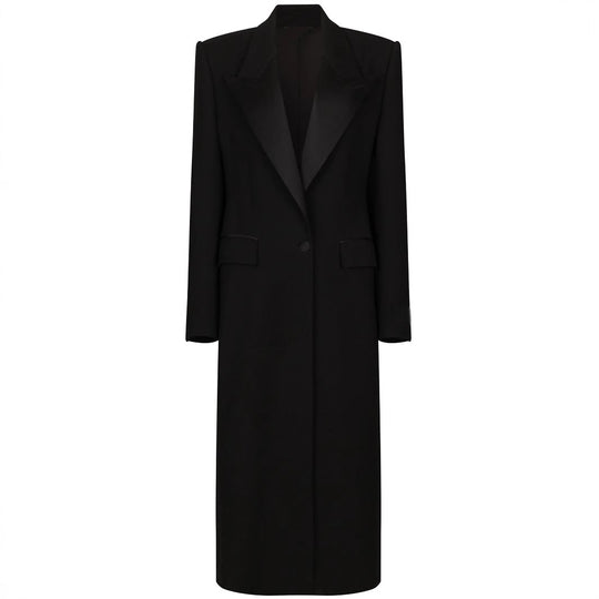 Damen Eleganter Smoking-Hosenanzug mit langem Mantel und weiten Bundfaltenhosen Nord Taschen