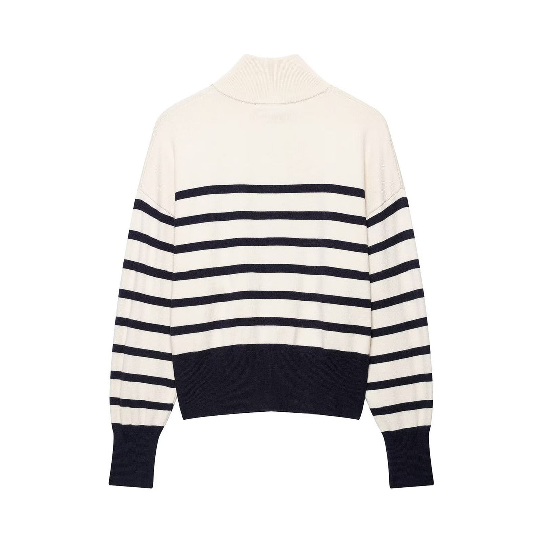 Damen Gestreifter Feinstrick-Pullover mit Stehkragen und Halbzip Nord Taschen
