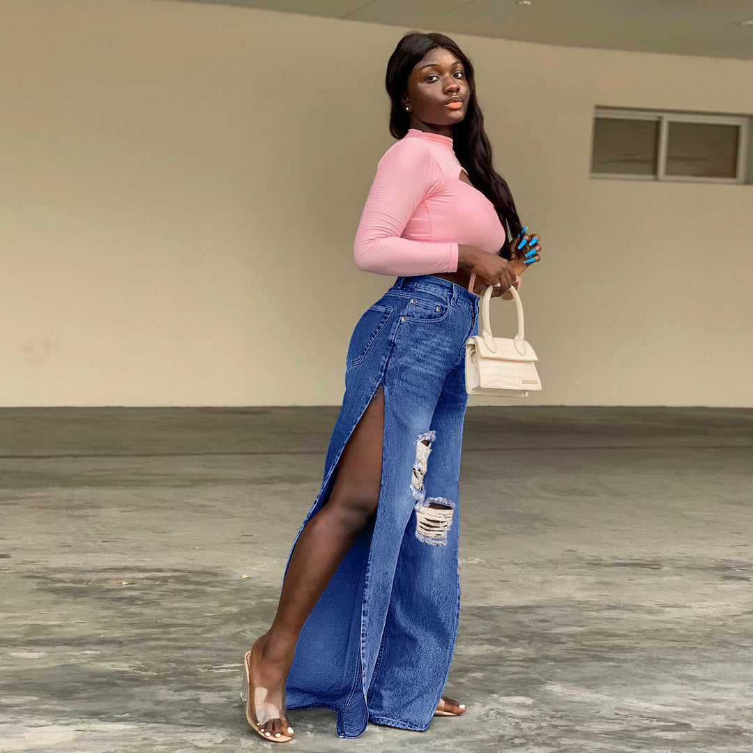 Damen geweitete Denim-Jeans mit hohen Seitenschlitzen und Destroyed-Kniepartie Nord Taschen