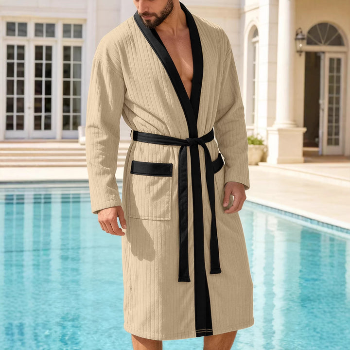 Herren nan wadenlanger Rippen-Bademantel im Kimono-Stil mit Schalkragen und Kontrastpaspel