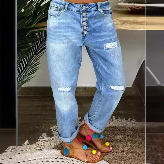 Damen Boyfriend Jeans mit Knopfleiste und distressed Effekten
