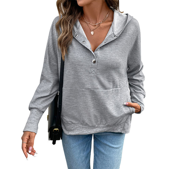 Damen lässiger Waffel-Kapuzenpullover mit Henley-Knopfleiste und Kängurutasche Nord Taschen