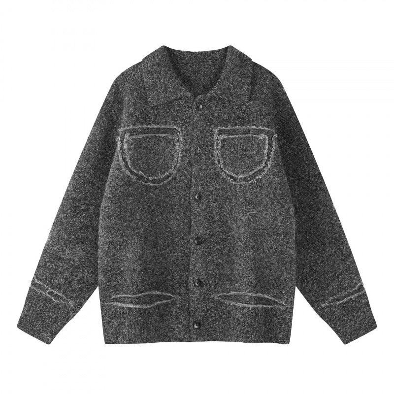 Unisex Oversize Strickjacke im Hemdjacken-Look mit Kragen, aufgesetzten Brusttaschen und Fransenbesatz Nord Taschen