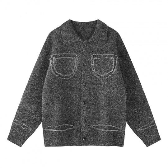 Unisex Oversize Strickjacke im Hemdjacken-Look mit Kragen, aufgesetzten Brusttaschen und Fransenbesatz Nord Taschen