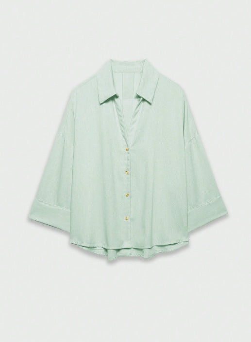 Damen Leichte Oversize Leinenoptik Bluse mit Dreiviertelärmeln und durchgehender Knopfleiste Nord Taschen