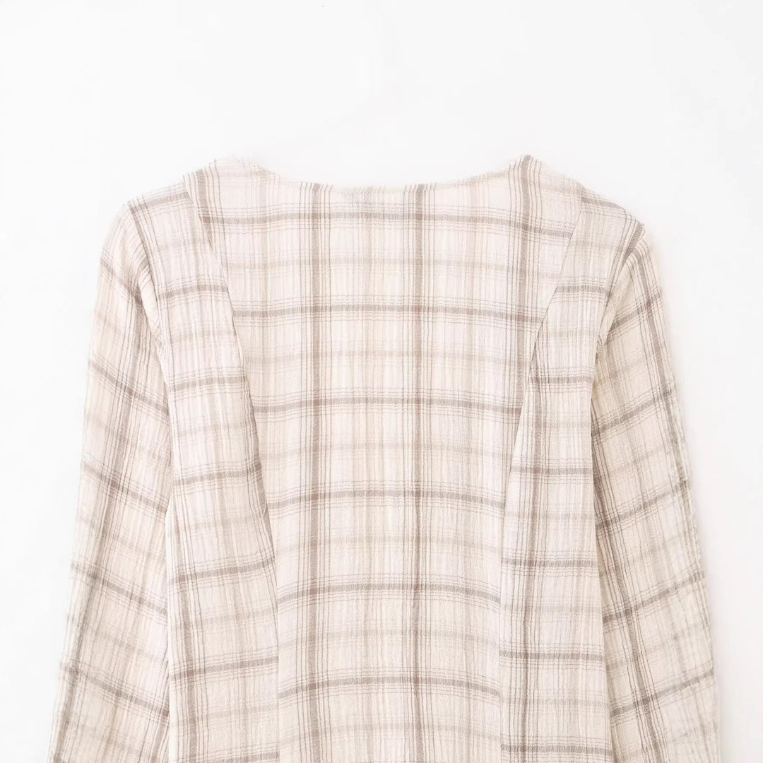 Damen Leichtes kariertes Sommerkleid mit tiefem V-Ausschnitt und Glockenärmeln Nord Taschen
