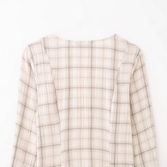 Damen Leichtes kariertes Sommerkleid mit tiefem V-Ausschnitt und Glockenärmeln Nord Taschen