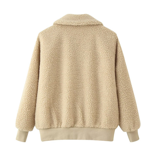 Damen Oversized Teddyjacke mit Reißverschluss, Kragen und aufgesetzten Taschen Nord Taschen