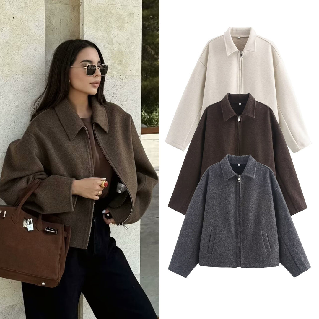 Damen Oversize Wollmix-Boxyjacke mit durchgehendem Reißverschluss und Eingrifftaschen Nord Taschen