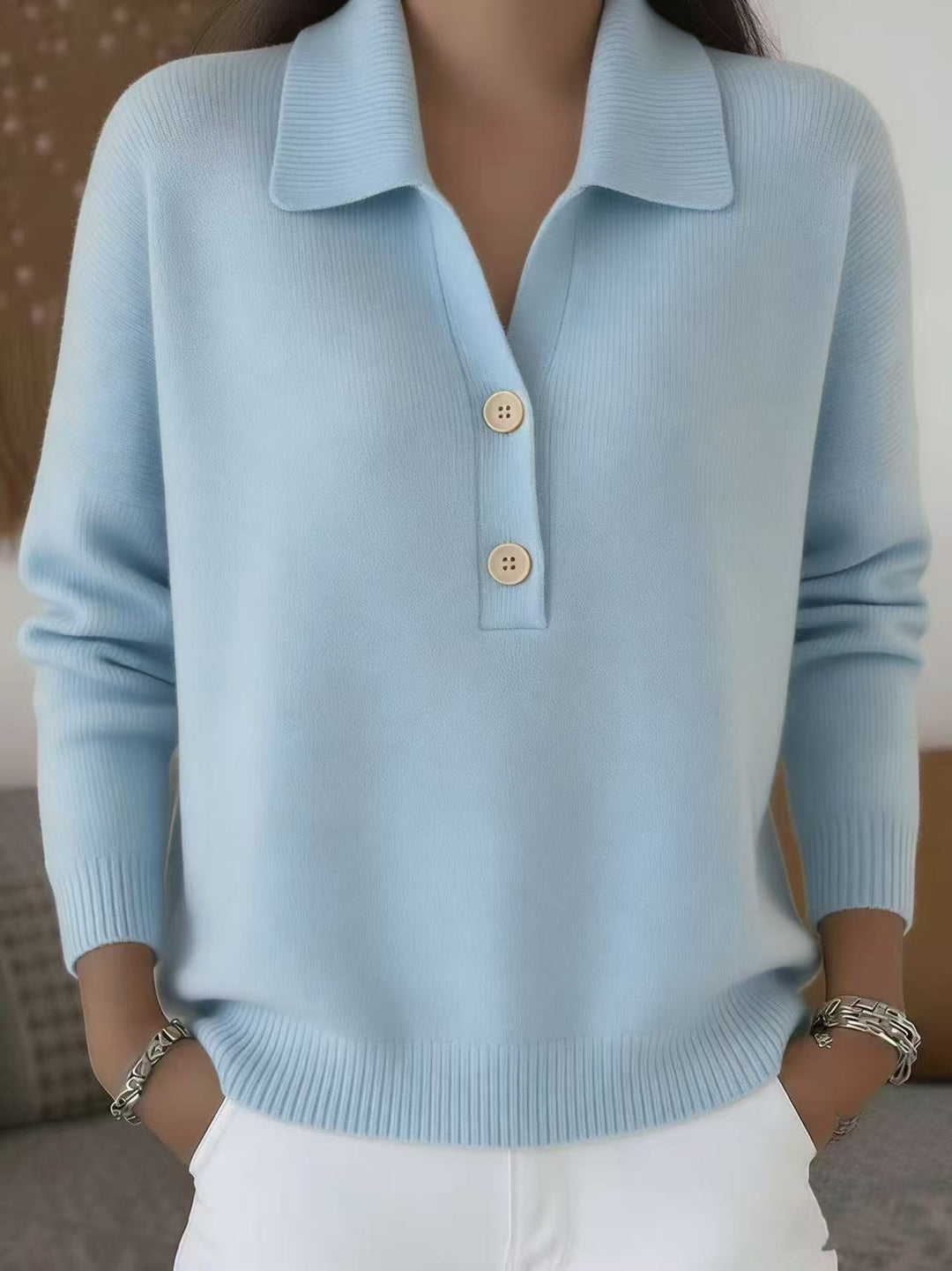 Damen lässiger Feinstrickpullover mit Polokragen und Zwei-Knopf-Leiste Nord Taschen