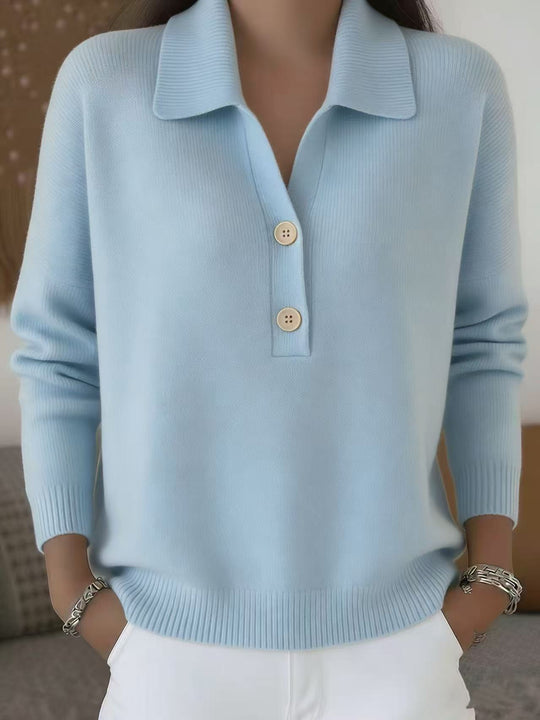 Damen lässiger Feinstrickpullover mit Polokragen und Zwei-Knopf-Leiste Nord Taschen