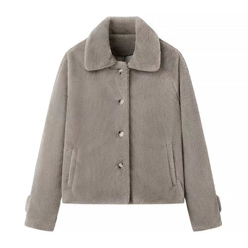 Damen Kurz geschnittene Teddy‑Fleecejacke mit Hemdkragen, verdeckter Knopfleiste und Eingrifftaschen Nord Taschen