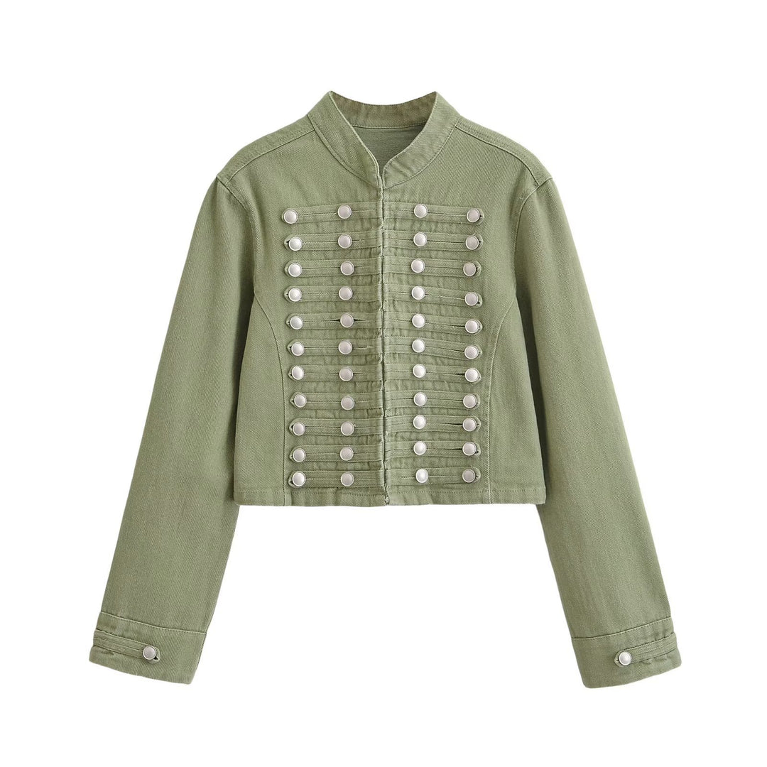 Damen Jeansjacke im Military-Stil mit Stehkragen und dekorativen Zierknopfleisten Nord Taschen