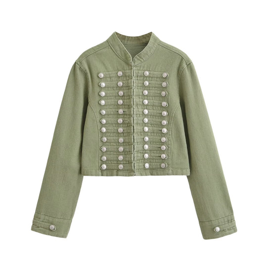 Damen Jeansjacke im Military-Stil mit Stehkragen und dekorativen Zierknopfleisten Nord Taschen