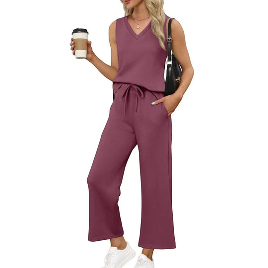 Damen Lässiges Zweiteiliges Lounge-Set mit Ärmellosem V-Neck-Top und Weiten Kordelbund-Hosen Nord Taschen