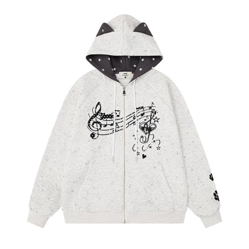 Damen Zip-Kapuzenjacke mit Musikprint, 3D-Ohrenkapuze und Pfoten-Applikation Nord Taschen