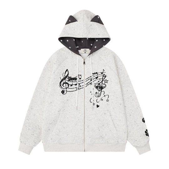 Damen Zip-Kapuzenjacke mit Musikprint, 3D-Ohrenkapuze und Pfoten-Applikation Nord Taschen