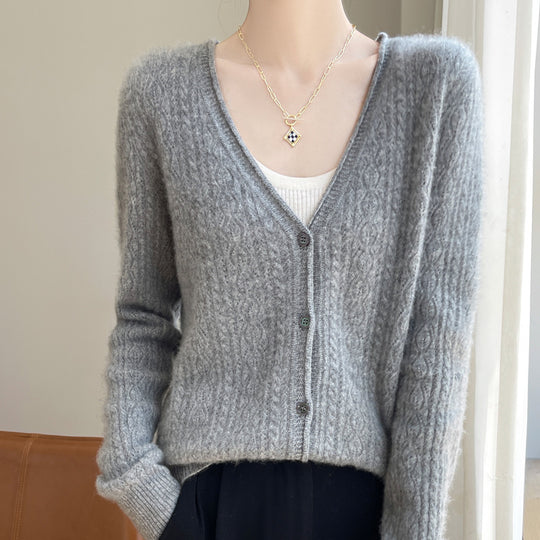 Damen Kurzer Zopfmuster-Cardigan im Mohair-Look mit V‑Ausschnitt und gerippten Bündchen Nord Taschen