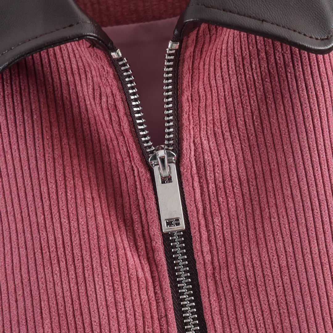 Damen Kurze Cordjacke mit Reißverschluss, großen Pattentaschen und Kunstlederkragen Nord Taschen