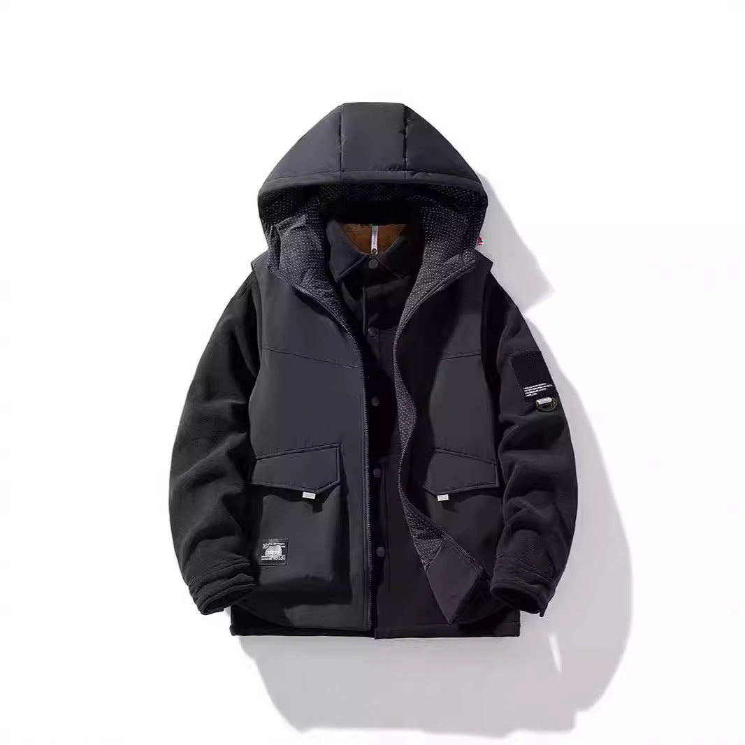 Herren Hybrid-Steppjacke mit Kapuze und Fleece-Ärmeln, Utility-Parka Nord Taschen