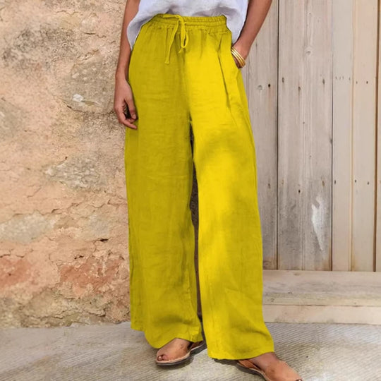 Damen Hochgeschnittene Leinenpalazzo-Hose mit Kordelzug und weitem Bein Nord Taschen