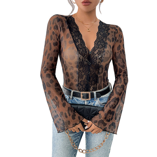 Damen Transparenter Mesh-Body mit Spitzenblende, V-Ausschnitt und Leoprint Nord Taschen