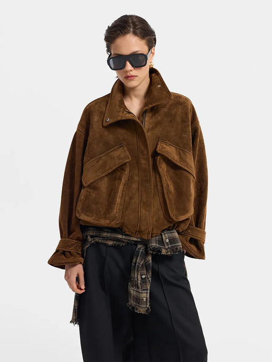 Damen Oversize Veloursleder-Blouson mit großen Pattentaschen und Stehkragen Nord Taschen