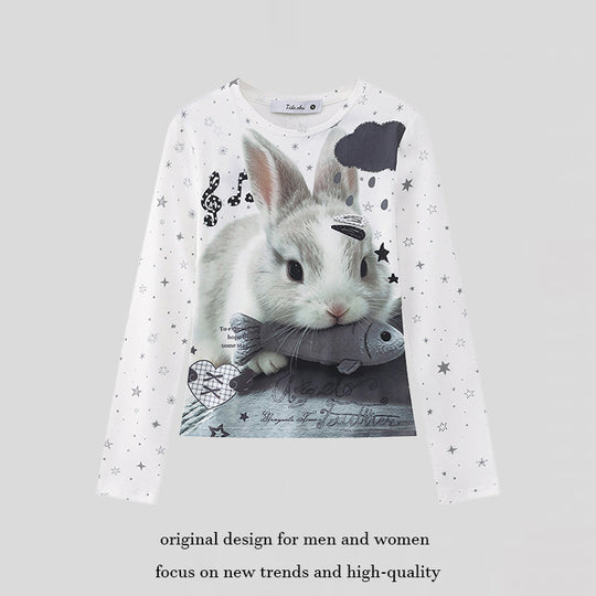 Damen Langarmshirt mit fotorealistischem Hasen-Fotoprint, Allover-Sternenmuster und elastischem Jersey Nord Taschen