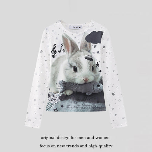 Damen Langarmshirt mit fotorealistischem Hasen-Fotoprint, Allover-Sternenmuster und elastischem Jersey Nord Taschen
