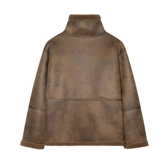Damen Kurzjacke in Lammfelloptik mit Stehkragen, Knopf- und Schnallenverschluss Nord Taschen