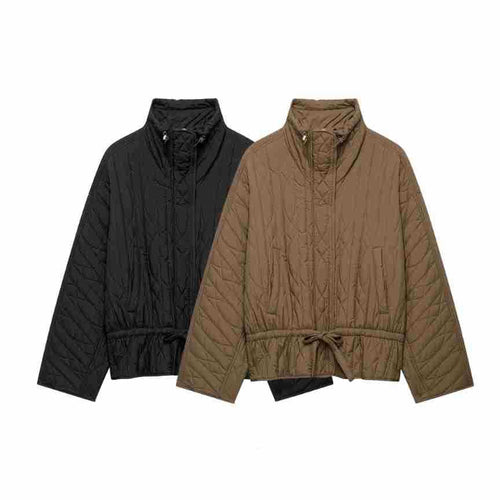 Damen Kurz-Steppjacke mit hohem Stehkragen, Tunnelzug-Taillierung und Oversize-Ärmeln Nord Taschen