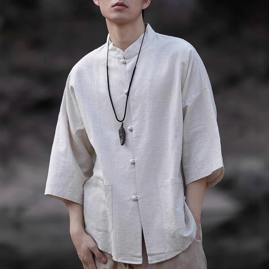 Herren Oversize Hemd im Kimono-Stil aus Leinen-Baumwollmix mit Stehkragen Nord Taschen