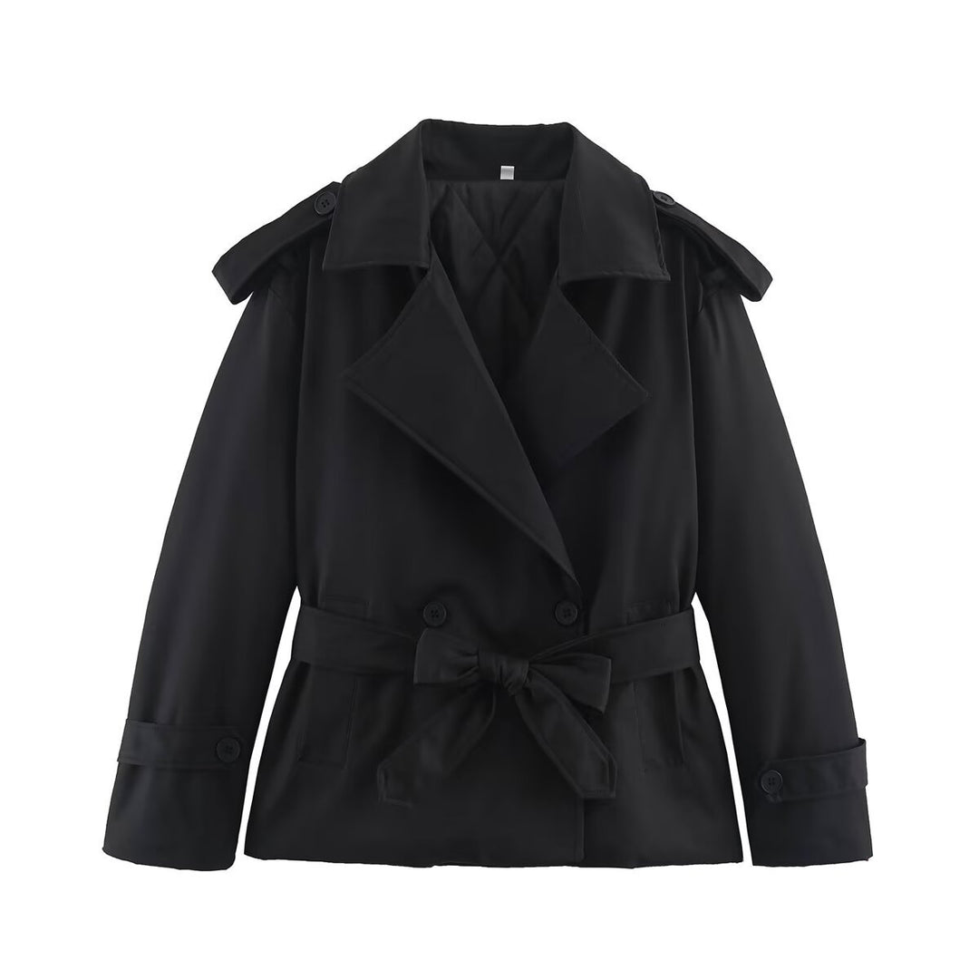 Damen Taillierte Kurz-Trenchjacke mit Bindegürtel und Schulterpatten Nord Taschen