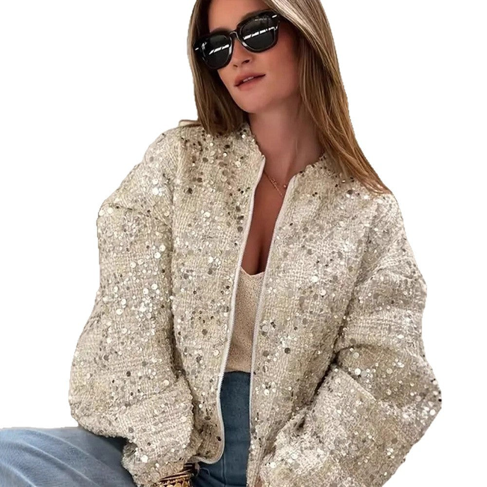 Damen Pailletten-Bomberjacke mit Reißverschluss, lockerer Boxy-Silhouette und dekorativen Glitzerapplikationen Nord Taschen