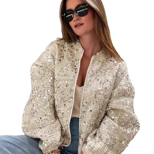 Damen Pailletten-Bomberjacke mit Reißverschluss, lockerer Boxy-Silhouette und dekorativen Glitzerapplikationen Nord Taschen