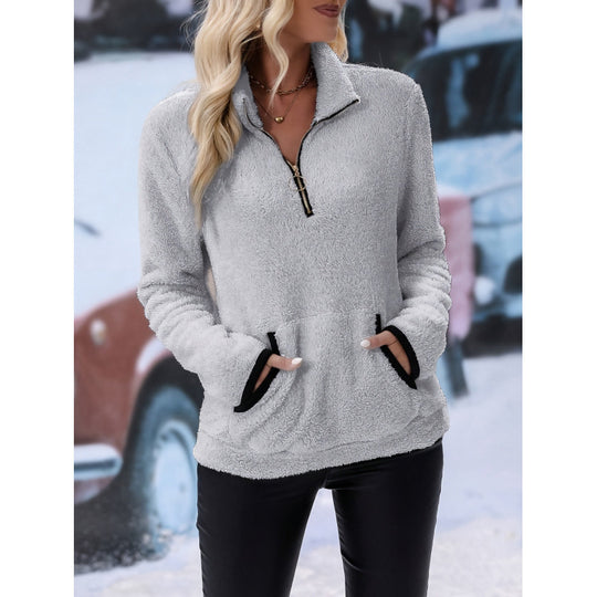 Damen flauschiger Fleece-Kuschelpullover mit halbem Reißverschluss, Kängurutasche und Stehkragen Nord Taschen