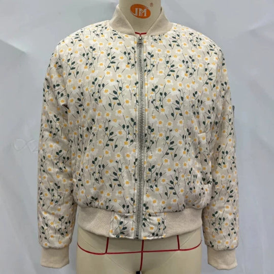Damen gequiltete Blumen-Bomberjacke mit Rippbündchen und Reißverschluss Nord Taschen