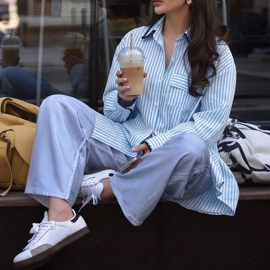 Damen Lässige Bluse mit Streifen Nord Taschen
