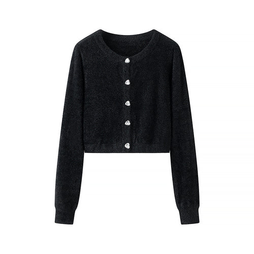 Damen Flauschige Cropped-Strickjacke mit Rundhals und Zierknopfleiste Nord Taschen