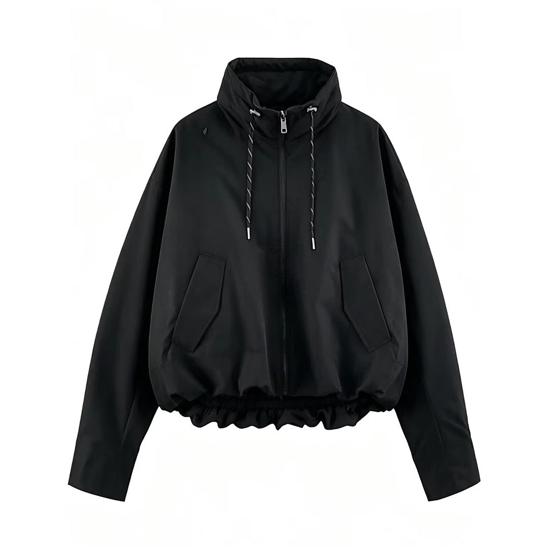Damen Cropped Oversize Windbreaker mit hohem Funnelkragen, Kordelzug und gerafftem Elastikbund Nord Taschen