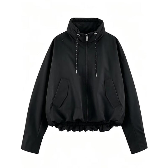 Damen Cropped Oversize Windbreaker mit hohem Funnelkragen, Kordelzug und gerafftem Elastikbund Nord Taschen