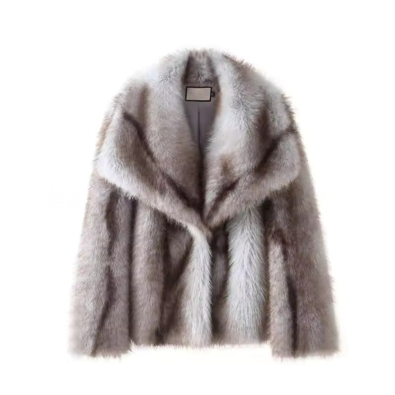 Damen Kurze Plüsch-Kunstpelzjacke mit weitem Schalkragen und geradem Schnitt Nord Taschen