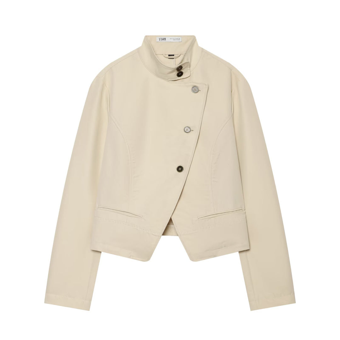 Damen Asymmetrische Kurzjacke mit Stehkragen und taillierten Nähten Nord Taschen
