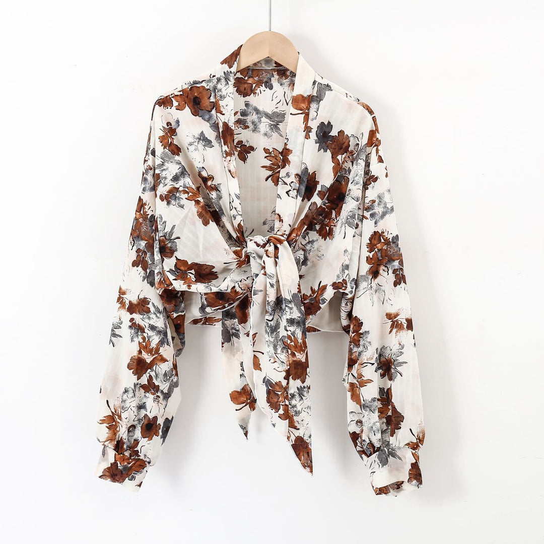 Damen nan florale Knoten-Bluse im Wickelstil mit Ballonärmeln und leichter Leinenoptik