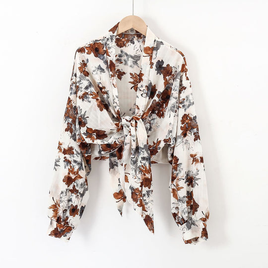 Damen nan florale Knoten-Bluse im Wickelstil mit Ballonärmeln und leichter Leinenoptik